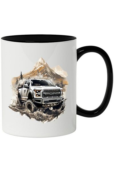 INOVATIX Personalized white mug, Ford F-150, Mountain, Forest, Fir Trees, Offroad, with Black Handle, INOVATIX®. 330ml
