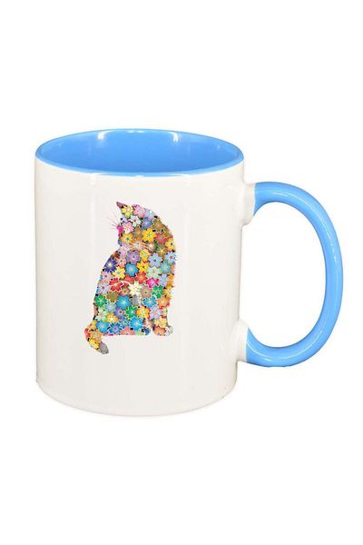 INOVATIX Personalized white mug, Flowers, Cat, blue interior, D995, INOVATIX®. 330ml
