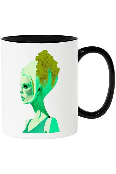 INOVATIX Personalized white mug, Green Woman, Retro, Trees, Fauna, with Black Handle, INOVATIX®. 330ml