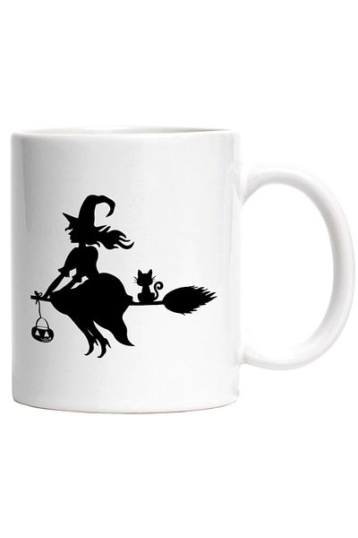 INOVATIX Personalized white mug, a witch and a kitten flying on a broomstick, INOVATIX®. 330ml