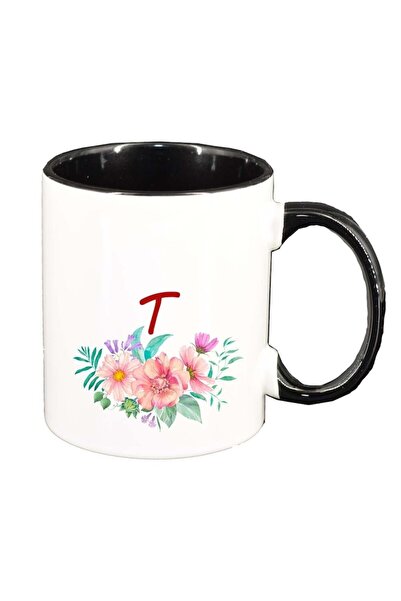 INOVATIX Εξατομικευμένη λευκή κούπα, Λουλούδια με αλφάβητο, μαύρο εσωτερικό, ...