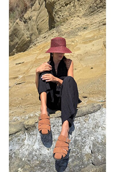 Eataly Shoes Tan Suede Basket Model Buckle Flat Women's Slippers