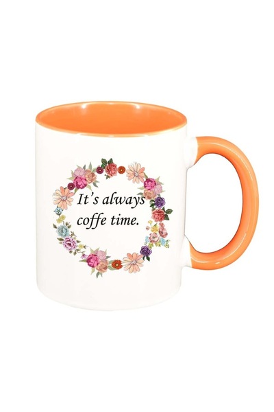 INOVATIX Εξατομικευμένη λευκή κούπα, Λουλούδια, Ώρα για καφέ, πορτοκαλί εσωτε...