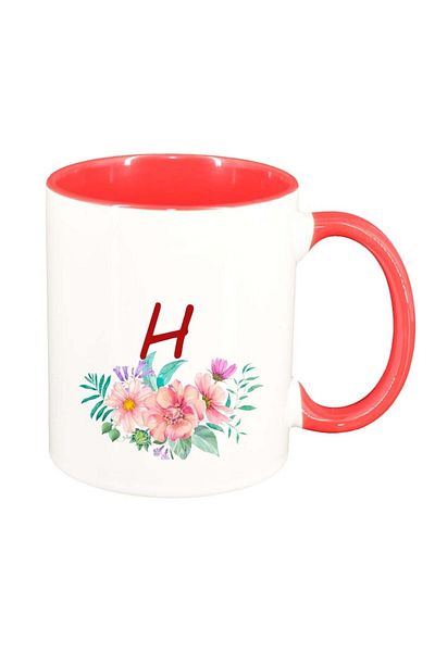 INOVATIX Personalized white mug, Flowers with alphabet, dark red interior, D942, INOVATIX®. 330ml