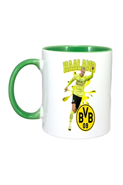 INOVATIX Персонализирана бяла чаша, Хааланд Борусия, зелена дръжка и вътрешно...