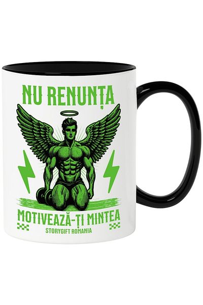 INOVATIX Personalized white mug, sports motivational gym mind angel, with black handle, INOVATIX®. 330ml