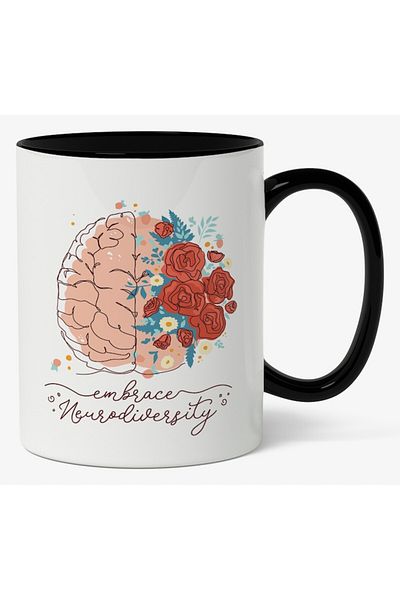 INOVATIX Personalized white mug, Brain, Flowers, Embrace Neurodiversity, with Black Handle, INOVATIX®. 330ml