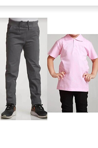 BAGİSTA BUTİK Children's Gray Linen (Elastic Waist) Pants Pink Short Sleeve School Lakos