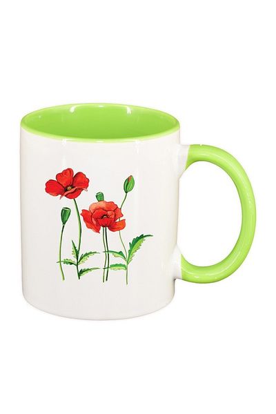 INOVATIX Personalized white mug, Poppy Flower, light green interior, D1371, INOVATIX®. 330ml