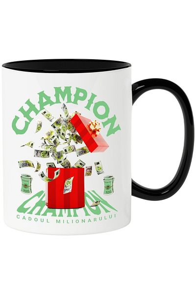 INOVATIX Personalized white mug, _Champion_ - Millionaire's Gift, with Black Handle, INOVATIX®. 330ml