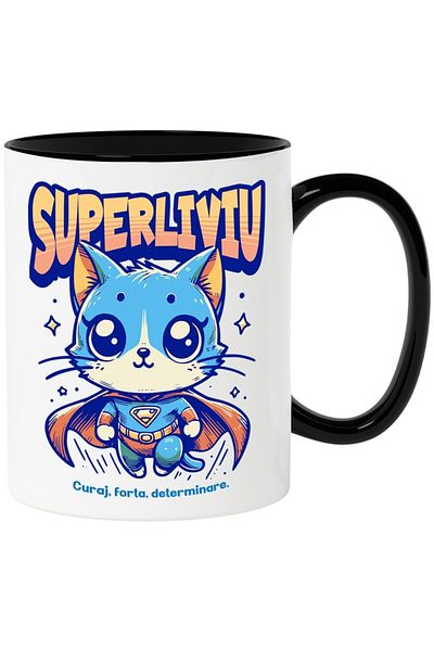 INOVATIX Personalized white mug, Super Liviu, Superhero, Flying Cat, with Black Handle, INOVATIX®. 330ml