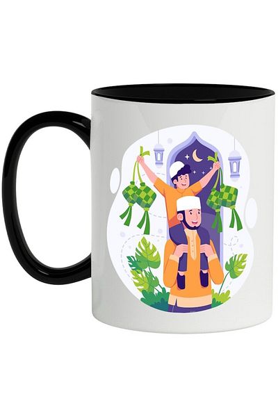 INOVATIX Personalized white mug, Muslims, Lamp, Parent, Child, Moon, with Black Handle, INOVATIX®. 330ml