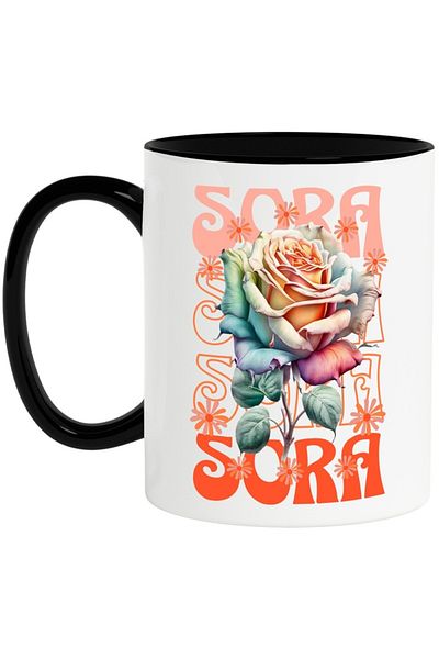 INOVATIX Personalized white mug, Sora - Rose Flower, with Black Handle, INOVATIX®. 330ml