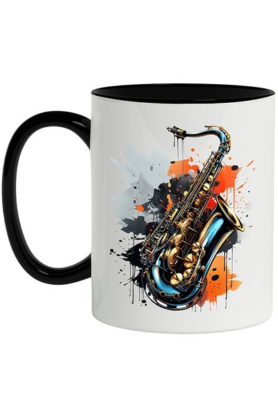 INOVATIX Personalized white mug, Saxophone, Musical Instrument, Jazz, Paint, with Black Handle, INOVATIX®. 330ml