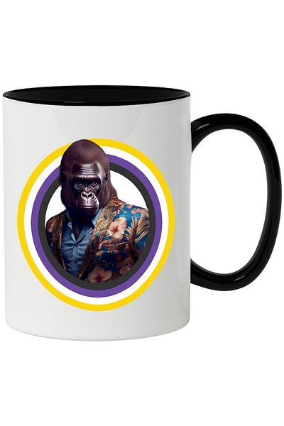 INOVATIX Personalized white mug, Gorilla, Circle, Jacket With Flowers, Shirt, with Black Handle, INOVATIX®. 330ml