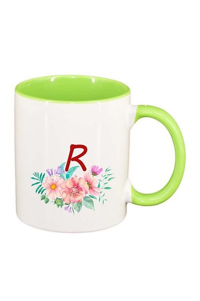 INOVATIX Personalized white mug, Flowers with alphabet, light green interior, D949, INOVATIX®. 330ml