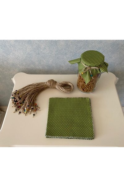 AdaEsintisi 50 Pieces of Green Polka Dot Jar Lid Fabric (Cover) and Beaded Binding Rope