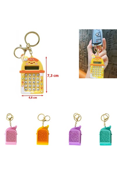 Paras Ticaret Mini 8 Haneli Hesap Makineli Labirent Oyunlu Lila Karikatür Anahtarlık (1 ADET) EBAT 7,3 cm x 4,8 cm