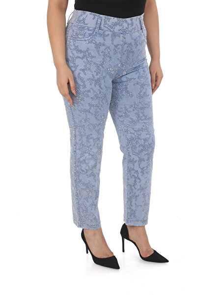 EXİTLİNE Kadın Yazlık Buz Mavi Flok Mavi Çiçek Baskılı Pantolon