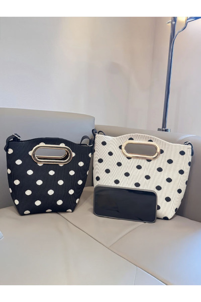 ÇANTA White Polka Dot Knitted Polka Dots Design Metal Buckle and Adjustable Strap Knitwear Women's Hand Shoulder Bag