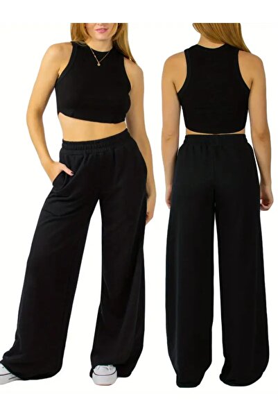 LOSSİA Γυναικείο μαύρο φαρδύ παντελόνι φόρμας μεγάλου μεγέθους, υψηλής ποιότη...