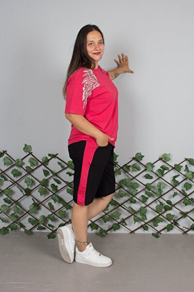 Truva XXL Plus Size Angel Wing Stone Embroidered Red Shorts Suit