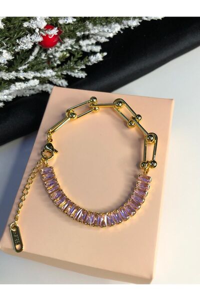 GWOMA Vog Baguette Waterway Chain مفصلة سوار من الفولاذ بحجر الزركونيا الوردي...