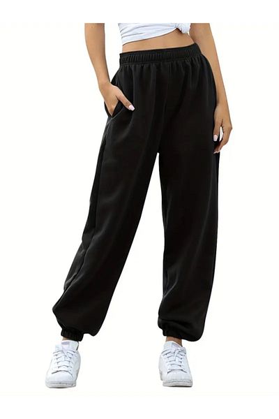 LOSSİA Women's Black Jogger Large Size Loose Cut Quality Flexible Comfortable Fabric Sweatpants Lossi̇a75
