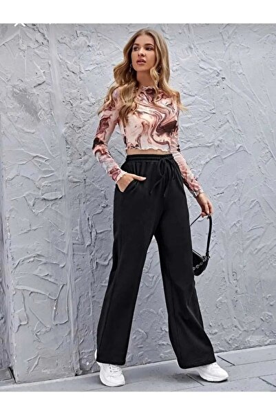 LOSSİA Γυναικείο μαύρο φαρδύ παντελόνι φόρμας μεγάλου μεγέθους, υψηλής ποιότη...