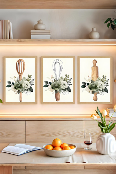 kutuTR 🥄 Mutfak Temalı 3'lü Çerçevesiz Tablo Seti – Ahşap Aksesuarlar ve Çiçek Armonisi 🍃 CRVS1047