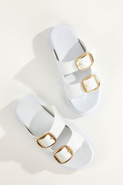 PAYZİN '' Si̇lvi̇e'' White Skin Gold Color Double Buckle White Sole Slippers New Season