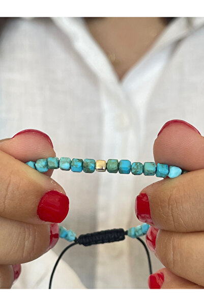 Rupen Kraft 14 Ayar Altın Küp Detaylı Kare Doğal Firuze Taşlı Zarif Altın Bileklik