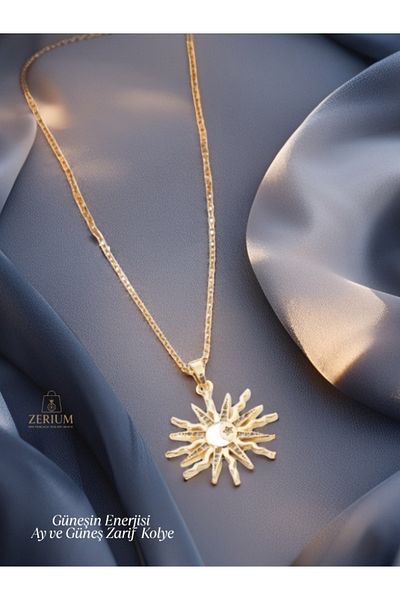 ZERİUM Energy of the Sun Moon and Sun Exquisite Gold Color Women's Necklace