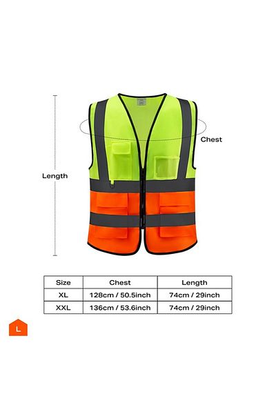 Lawazim Unisex Reflective Safety Vest XXL - Multi-Pocket High Visibility Workwear 160g-Orange/Yellow