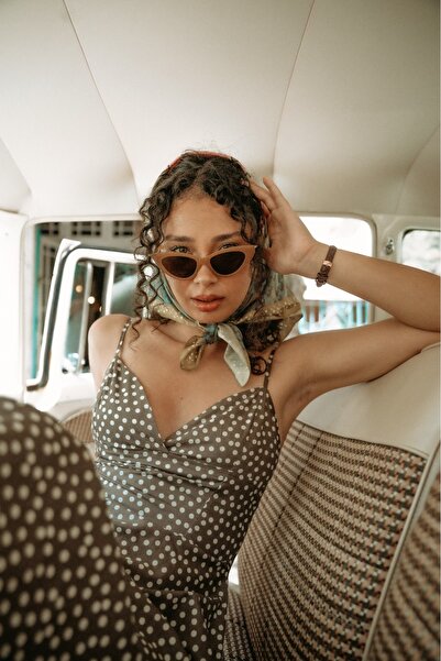 dopamiq Odette - İpek Vual - Mocha Kahve Puantiye Desenli Askılı Elbise