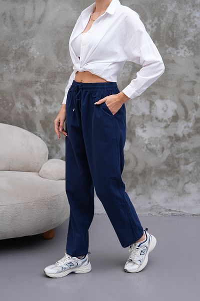 BigBrossBoutique Navy Blue Linen Blend Casual Comfortable Fit Women's Trousers