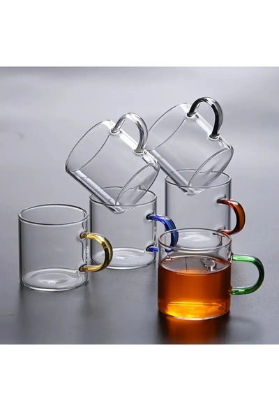Acarlar Ticaret 6' LI Renkli Kulplu Borosilikat Cam Kahve Çay Kupa Bardağı 10...