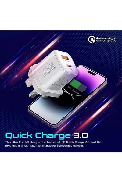 Promate Wall Charger, Compact 25W USB-C Power Delivery AC Charger with 18W QC 3.0 Charging Port, Ada