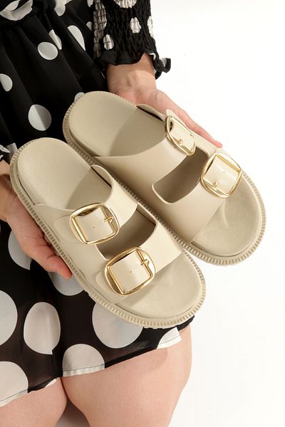 PAYZİN '' Si̇lvi̇e'' Skin Skin Gold Color Double Buckle Skin Sole Slippers New Season