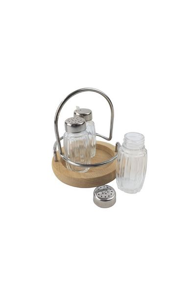 AzHome Set of spice bottles on wooden stand, 3 pieces