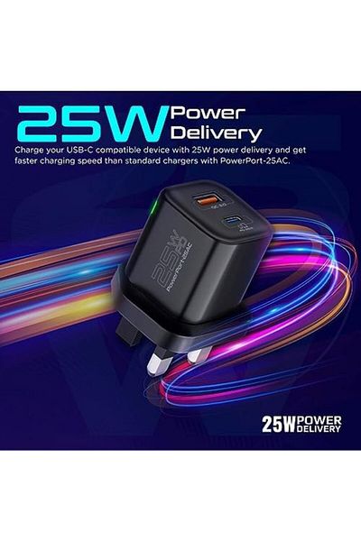 Promate Wall Charger, Compact 25W USB-C Power Delivery AC Charger with 18W QC 3.0 Charging Port, Ada