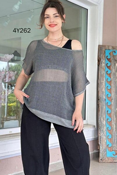 Seviliko Kadın Oversize Antrasit Kısa Kollu %100 Pamuk File Bluz