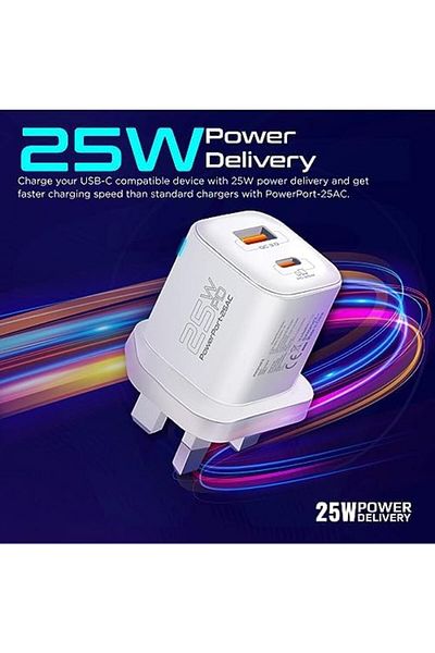 Promate Wall Charger, Compact 25W USB-C Power Delivery AC Charger with 18W QC 3.0 Charging Port, Ada