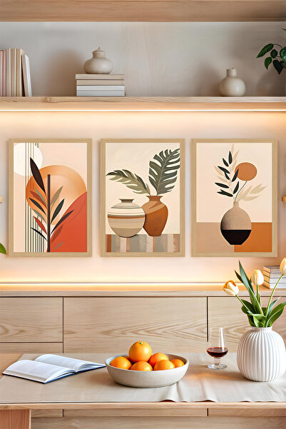 kutuTR 🌿 Toprak Tonlarında Vazo ve Yaprak Temalı 3’lü Çerçevesiz Tablo Seti ...