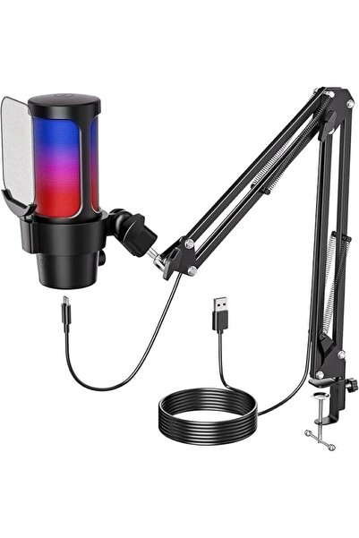 TeknoFaji Kayıt Mikrofonu Profesyonel RGB USB Mikrofon Seti Podcast Yayın Stü...