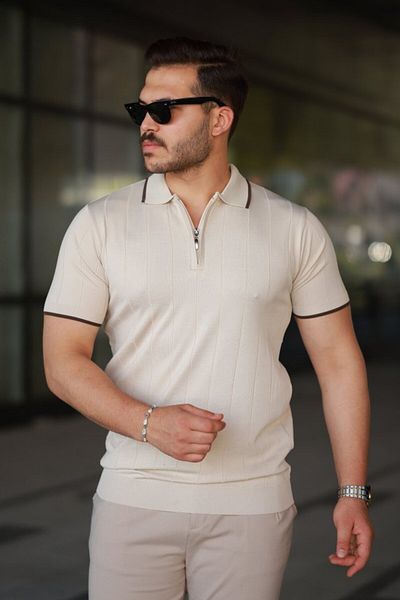 JANES Men's Zipper Collar Line Textured Short Sleeve T-Shirt