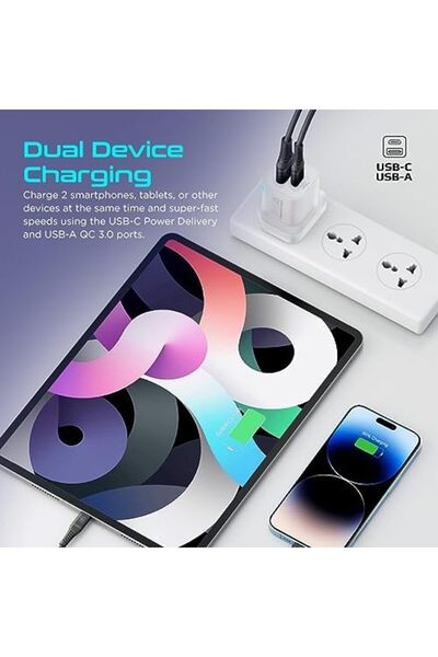 Promate Wall Charger, Compact 25W USB-C Power Delivery AC Charger with 18W QC 3.0 Charging Port, Ada