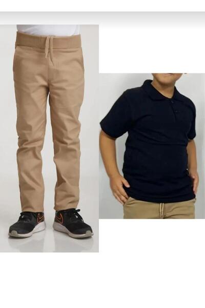 BAGİSTA BUTİK Children's Beige Linen (Elastic Waist) Pants Dark Blue Short Sleeve School Lakos