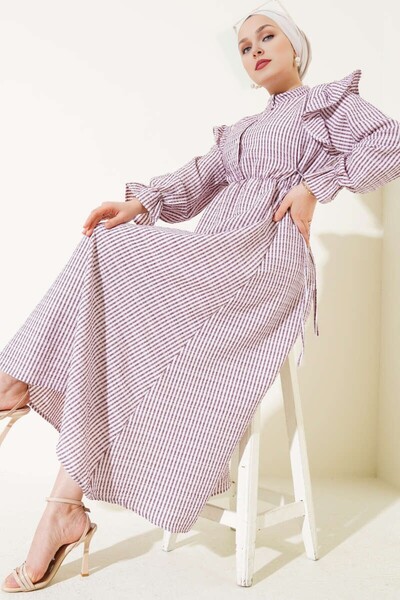 HBS Omuz Fırfırlı Çizgili Gofre Elbise Tesettür Elbise