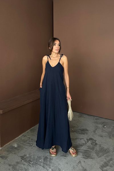 JANES Long Muslin Dress with Straps - Navy Blue